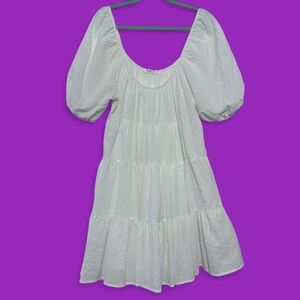 White textured puff sleeve babydoll dress
